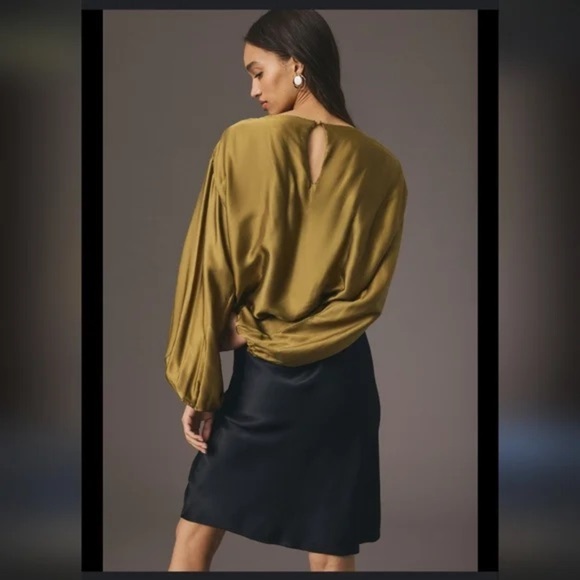 ANTHROPOLOGIE Silky Balloon Sleeve Gold Green Blouse Medium - Picture 8 of 10